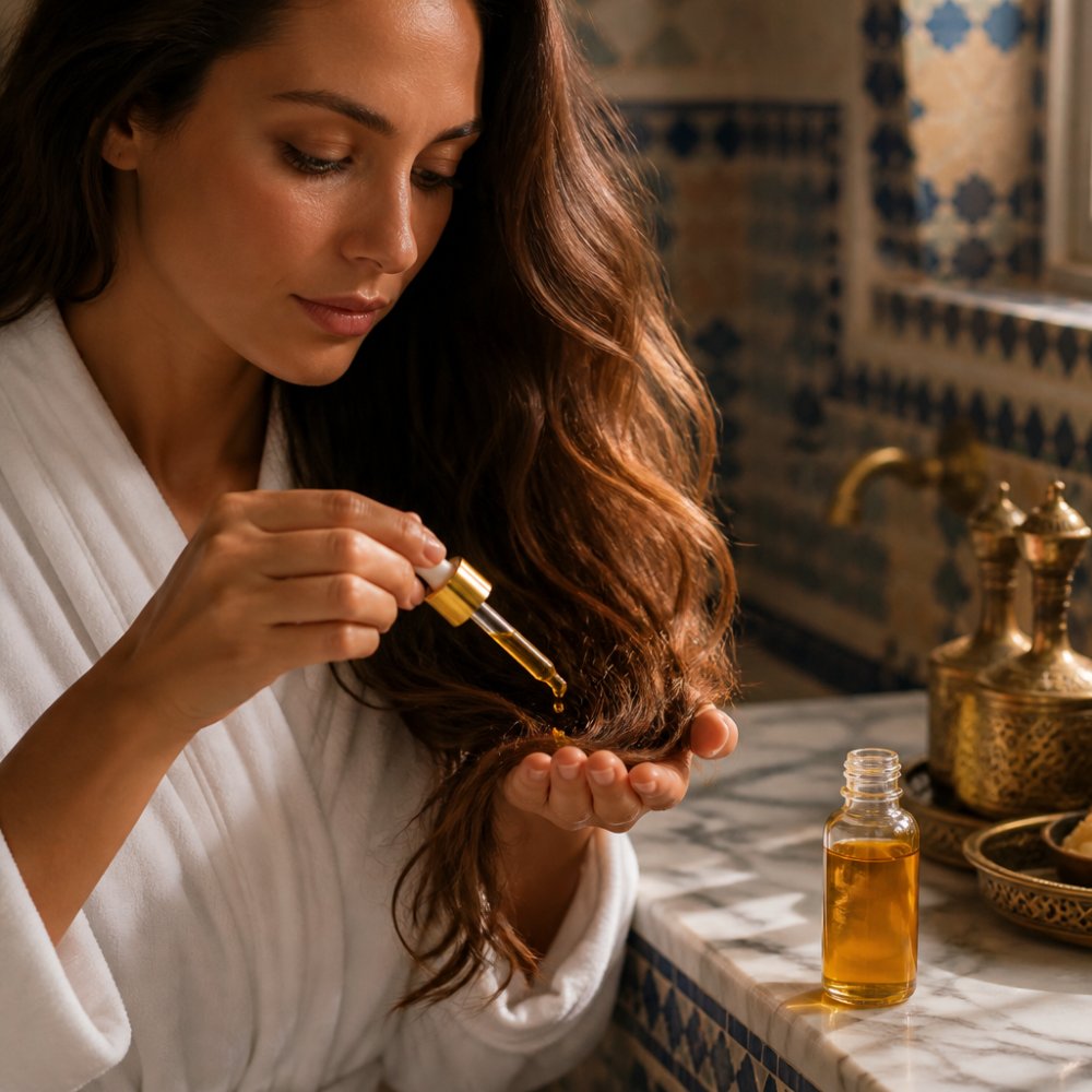 Woman applying golden argan oil for split ends to her wavy hair tips
