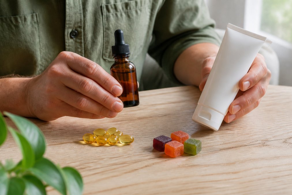 Close-up of hands holding various CBD products including an amber tincture bottle with dropper, a white topical freeze gel tube, translucent soft gel capsules, and colorful gummies arranged on a light wooden surface with natural window lighting