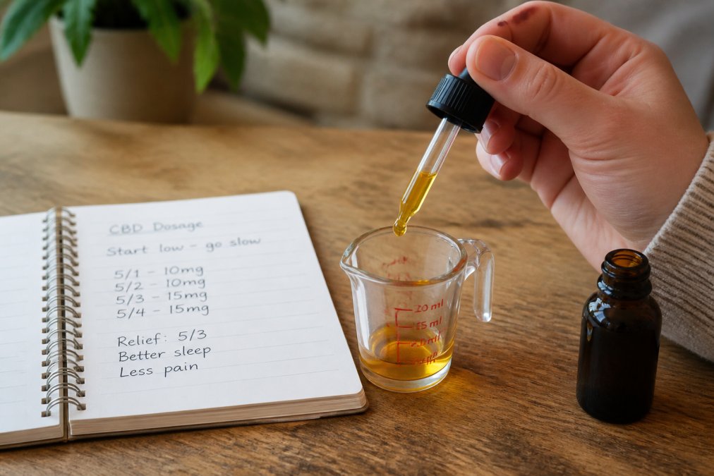 Person using a dropper to measure amber CBD oil into a small glass measuring cup, with a handwritten notebook showing dosage tracking notes and dates beside a wooden table in warm natural lighting