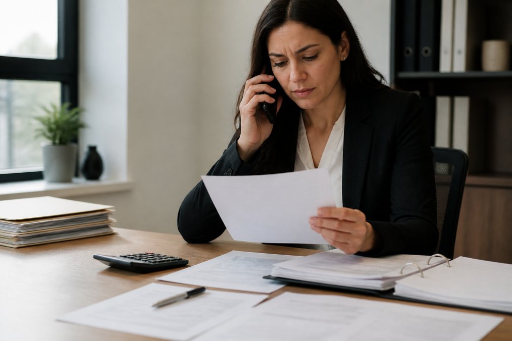 Professional in business attire sitting at desk with paperwork, calculator, and phone, reviewing financial documents during a serious negotiation call, natural office lighting