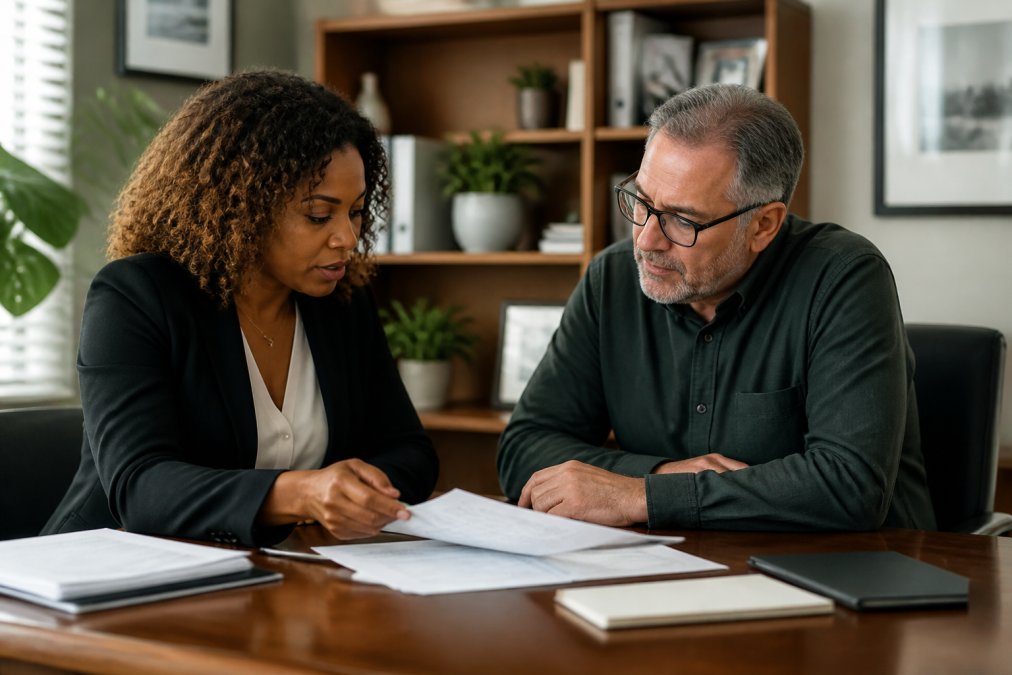 Financial counselor and client sitting across desk in professional office, reviewing documents and financial statements together, warm office lighting, both focused on paperwork