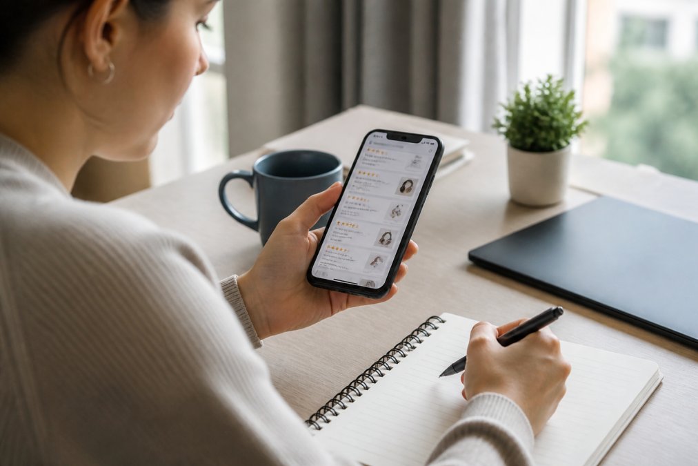 Someone reading customer reviews on a smartphone with a notepad and pen nearby, comparing product options thoughtfully on a clean desk
