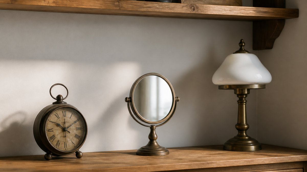 A close-up of a wooden shelf styled with a vintage clock, a small mirror, and a lamp, with generous empty space between each item and soft natural light highlighting the arrangement