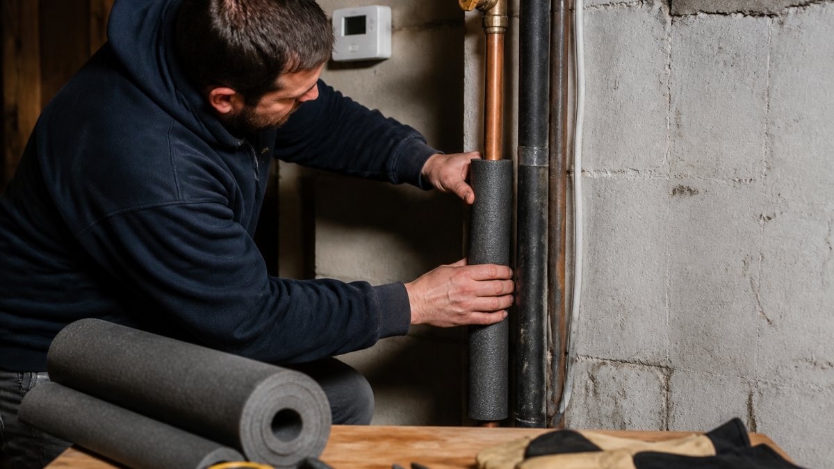 A homeowner in a basement wrapping foam insulation around a copper water pipe near a drafty exterior wall, with a thermostat visible in the background