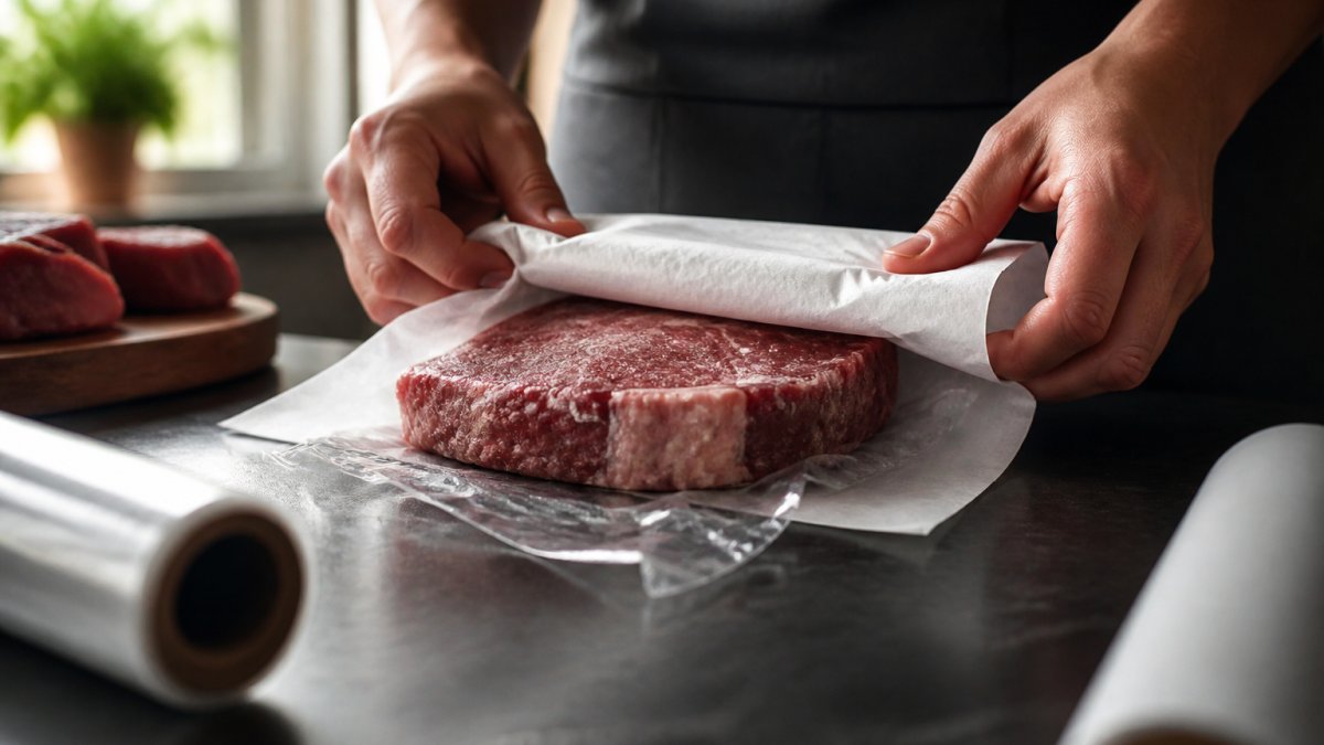 Hands carefully wrapping raw meat portion with freezer paper and plastic wrap, showing layered protection technique on clean kitchen counter with natural window lighting