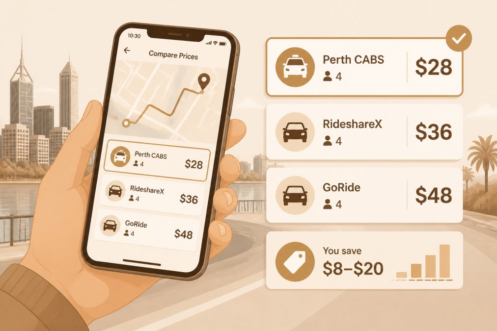 Person holding smartphone showing rideshare booking app with fare comparison displayed on screen in modern urban setting with natural daylight