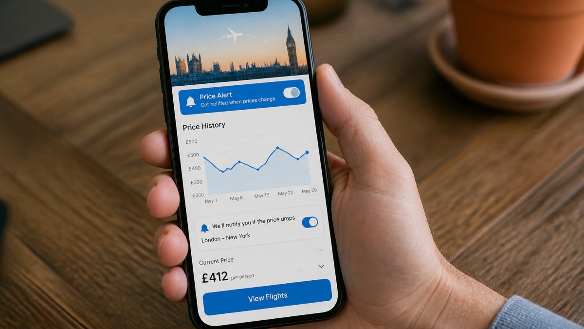 Close-up of a smartphone screen displaying flight price alerts and price history charts on a travel booking platform, with a hand holding the phone in natural daylight