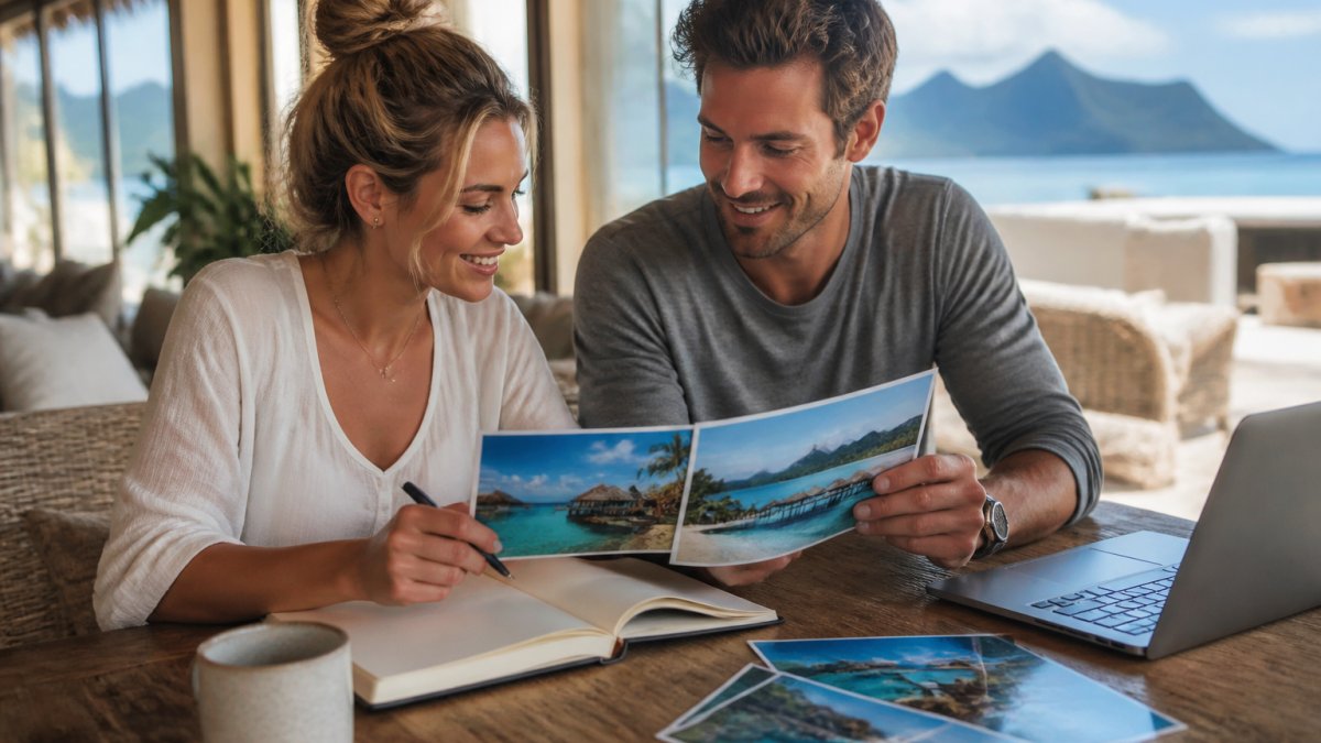 A couple at a dining table with a laptop, notebooks, and travel brochures, comparing honeymoon destination photos while planning their trip together