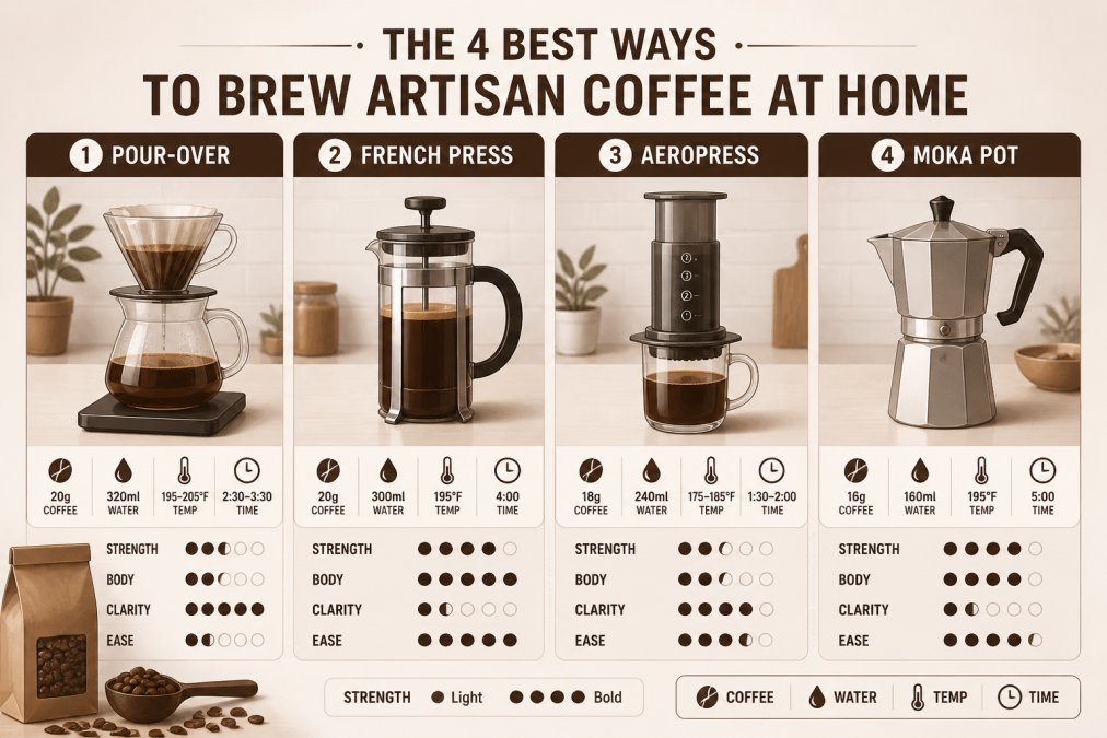 A bright kitchen counter showing four brewing setups side by side: a glass pour-over carafe, a stainless steel French press, an AeroPress, and a stovetop Moka pot, with a bag of whole coffee beans nearby