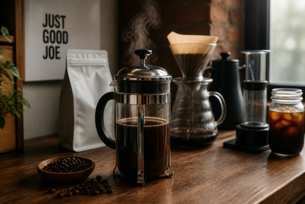 French press filled with hot water and grounds to brew bold coffee on a wooden kitchen counter with dark roast beans