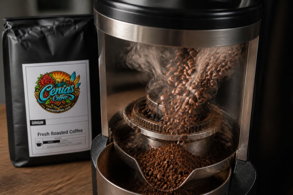 Close-up of burr grinder chamber with freshly roasted single origin coffee beans cascading through the burr mechanism, showing uniform ground particles collecting below with steam rising from the friction heat