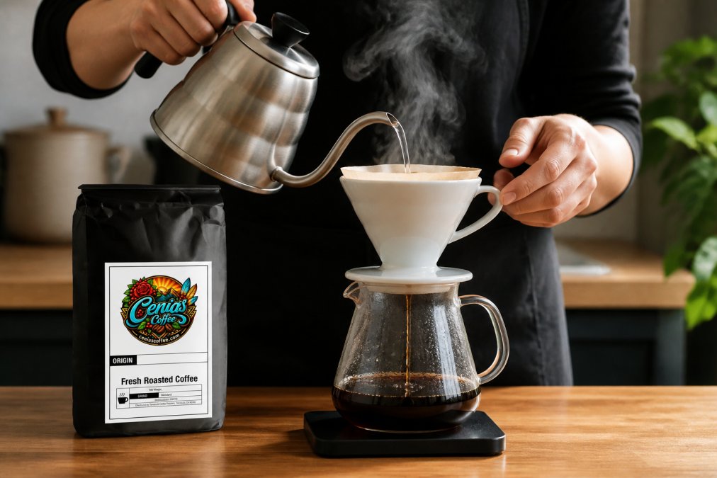 Hands positioned over a ceramic pour-over cone, pouring hot water in slow circular motions over coffee grounds, with steam rising visibly and clear filtered coffee dripping into a glass carafe below