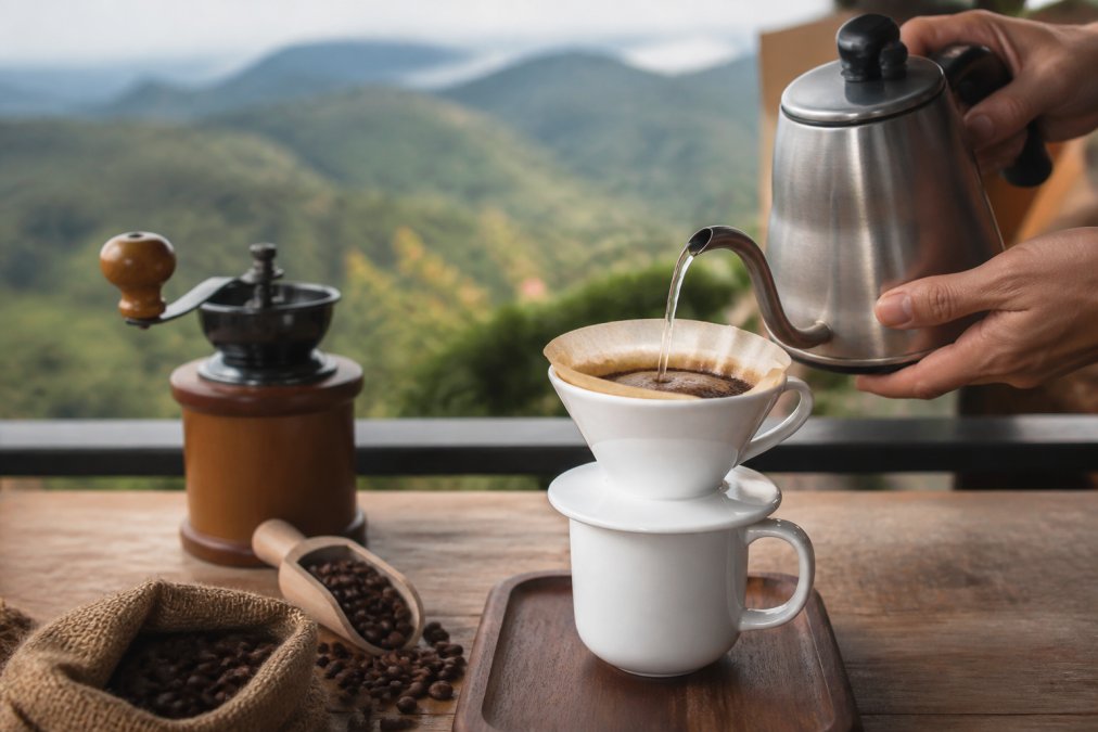 Close-up of hands pouring hot water from a gooseneck kettle through a ceramic pour-over dripper into a white cup, with whole coffee beans and a wooden scoop visible on the counter