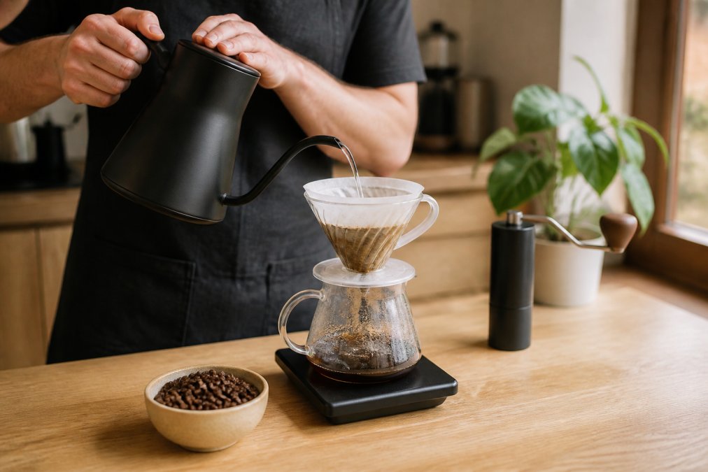 A person's hands holding a gooseneck kettle pouring a slow, steady stream of water over a glass pour-over dripper, with a digital scale and a small dish of fresh coffee beans on a wooden counter in warm morning light