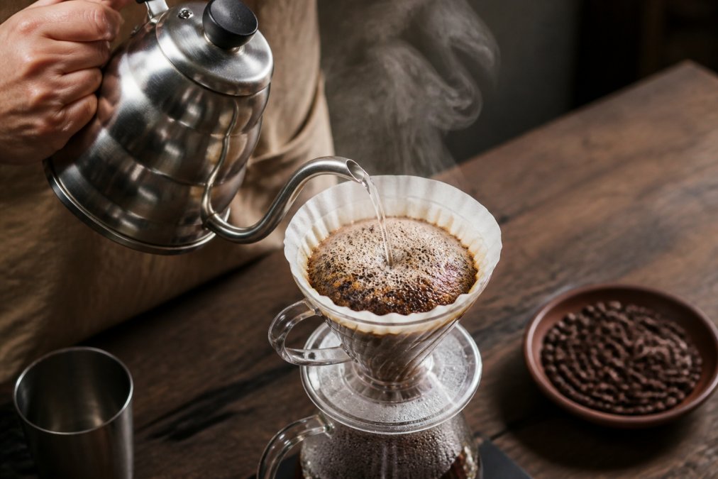 Hands pouring hot water slowly over coffee grounds in a pour-over dripper, showing the bloom phase with steam rising and specialty coffee beans visible in the background
