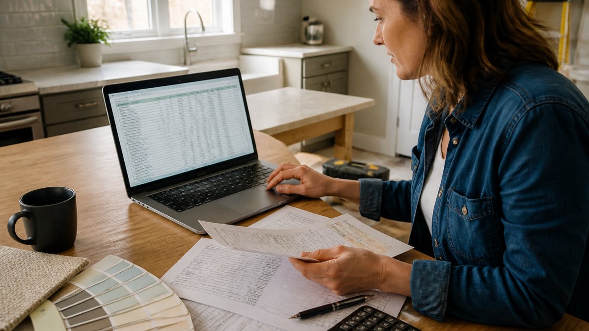 A homeowner at a kitchen table reviewing a renovation budget spreadsheet on a laptop, with paint swatches, contractor invoices, and a calculator spread out beside a coffee mug
