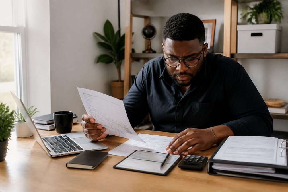 Small business owner sitting at a desk reviewing financial documents and a laptop, with a business checkbook and organized folders visible, in a clean home office setting