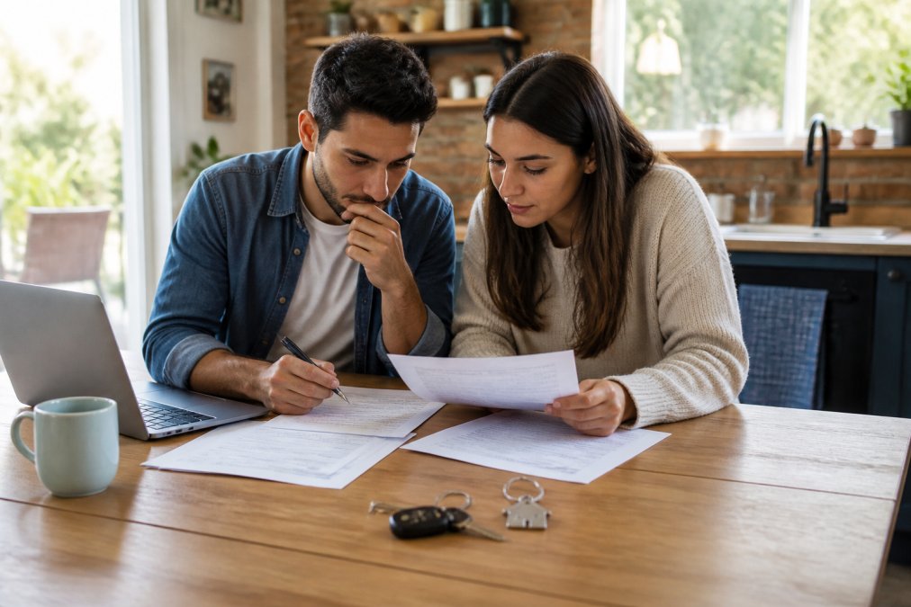 Infographic showing a couple reviewing documents to bundle home and auto insurance policies together.