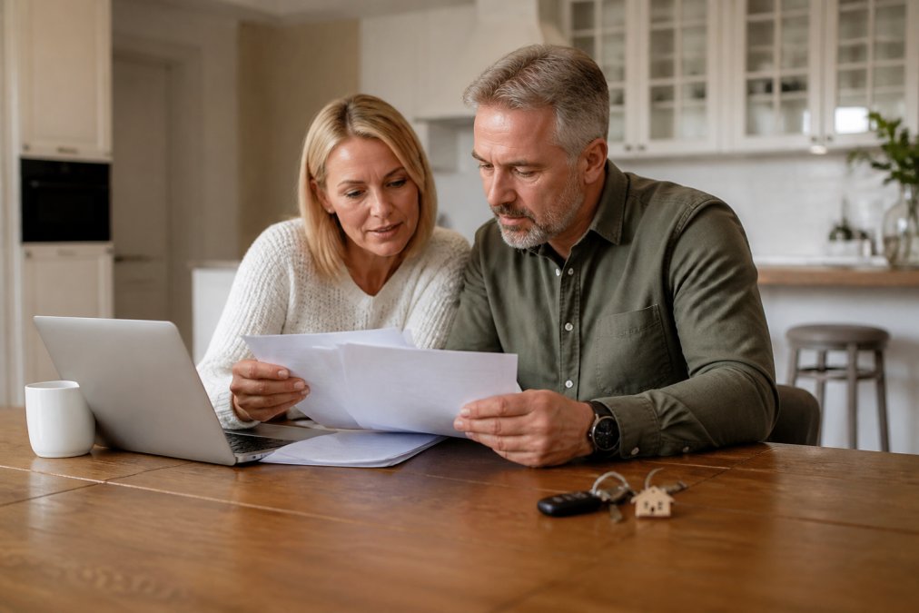 A couple sitting at a kitchen table reviewing insurance documents on a laptop, with house keys and car keys visible on the table beside them, warm natural light through the window