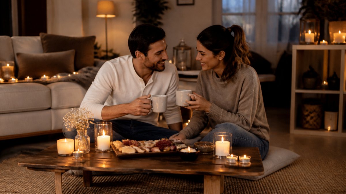 A couple sitting on a cozy living room floor around a low table with candles, a charcuterie board, and two personalized mugs, warm evening light, relaxed and romantic atmosphere