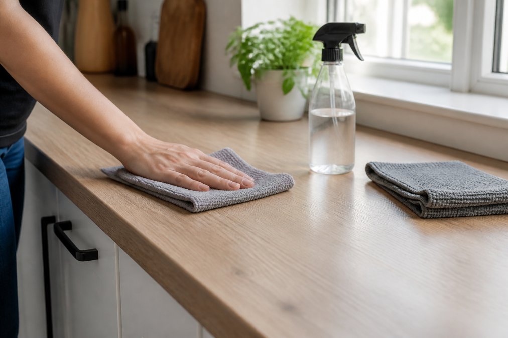 Close-up of a hand wiping a light wood-effect laminate kitchen worktop with a damp microfibre cloth, spray bottle and folded cloth nearby, bright natural light from a window