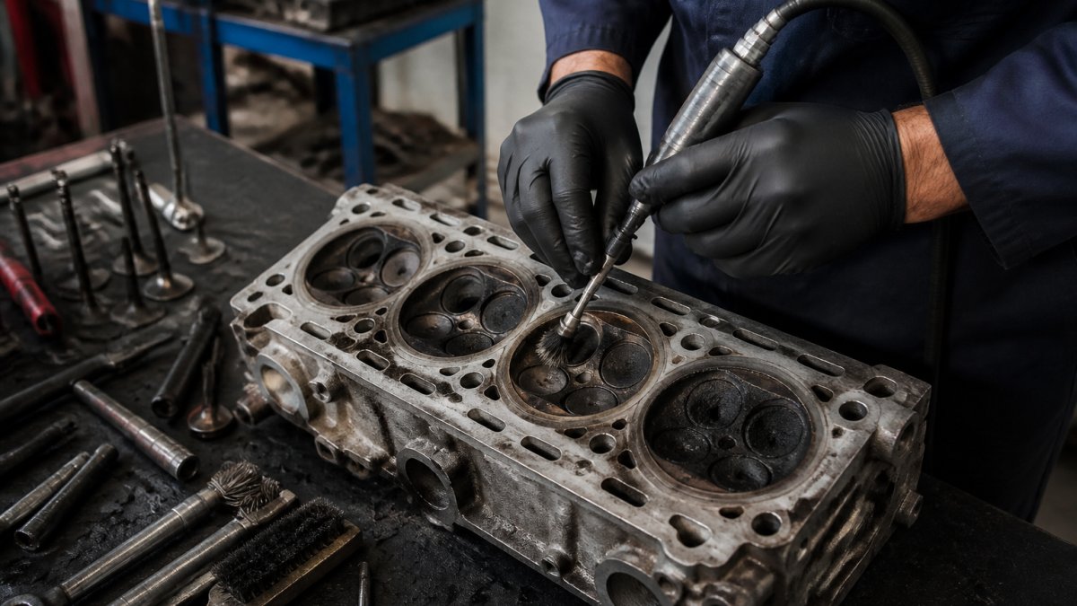 Professional mechanic's hands performing intake valve cleaning on an engine block with specialized tools and visible carbon deposits in the combustion chamber
