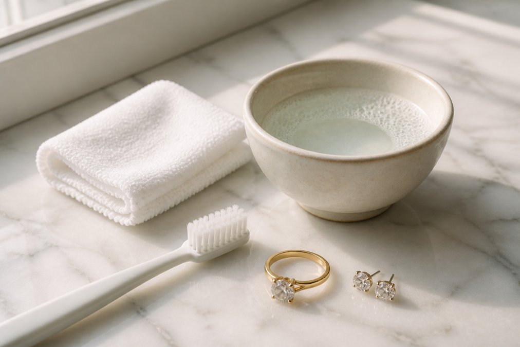 Soft toothbrush, cloth, and soapy water prepared to clean fine jewelry on a white marble countertop