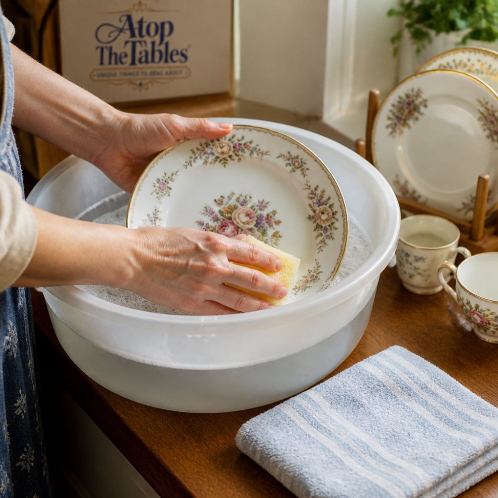 Close-up of hands gently washing a floral porcelain plate in a plastic basin of warm soapy water, with a soft sponge and folded towel on a kitchen counter