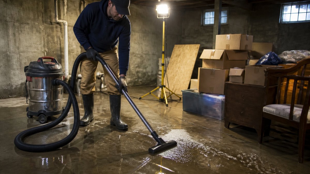 A homeowner in work clothes and rubber boots using a wet/dry vacuum on a damp concrete basement floor, with cardboard boxes and old furniture stacked nearby and a shop light illuminating the space