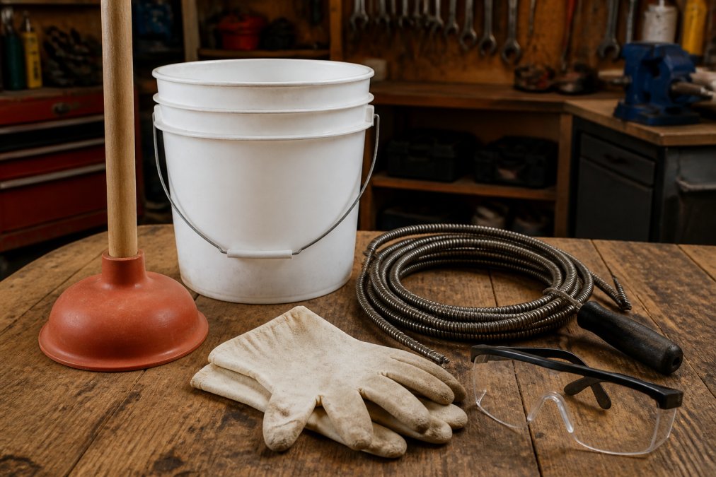 A collection of tools to clear drains, including a plunger, snake, bucket, and safety gear on a wooden workbench.
