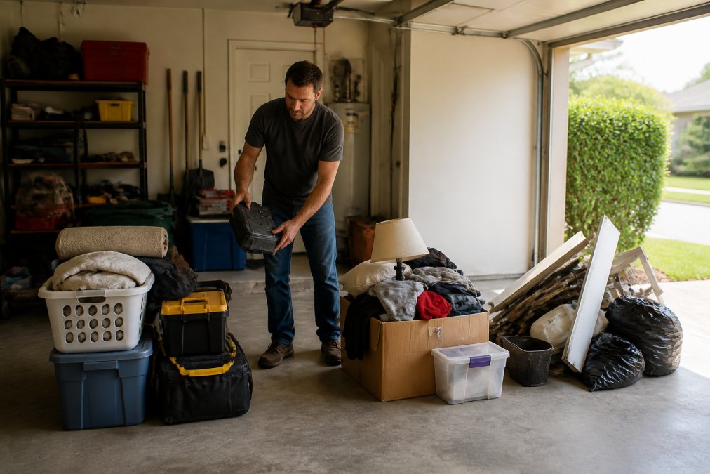 Homeowner standing in garage with three distinct piles of items labeled 'Keep,' 'Donate,' and 'Toss,' showing organized sorting in action with natural light streaming through garage door