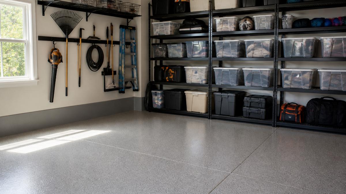 Organized garage with wall-mounted rail systems, labeled clear storage bins stacked on shelving units along the wall, and open floor space visible in center with natural light from window