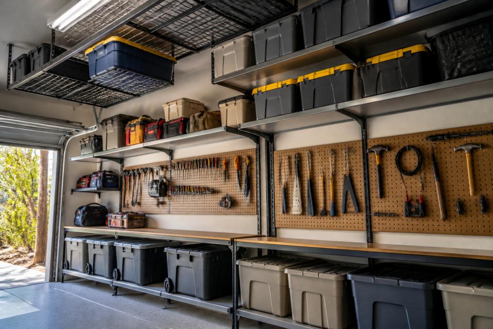 Well-organized garage interior with heavy-duty metal shelving units mounted on walls, wall-mounted pegboards holding tools, overhead storage racks for seasonal items, and labeled plastic storage bins neatly arranged on shelves with natural light