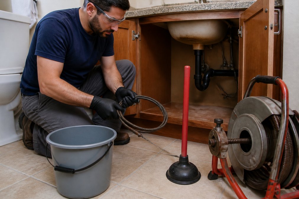 Homeowner wearing rubber gloves and safety glasses kneeling in front of an open sink cabinet, plunger, drain snake, and bucket on a tiled bathroom floor
