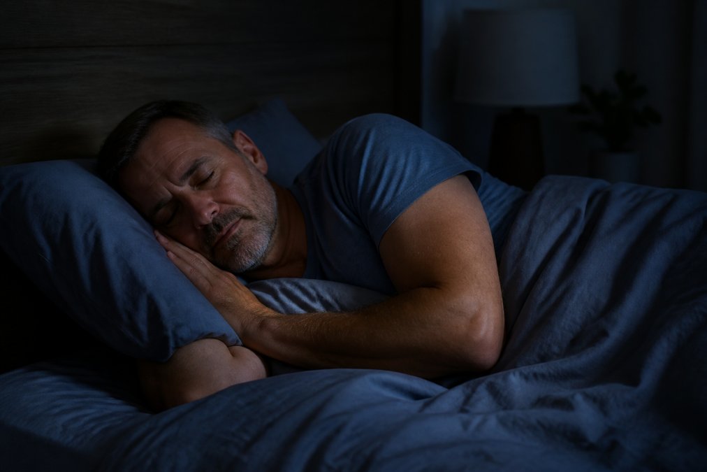 A middle-aged adult sleeping peacefully in a dark bedroom with cool temperature, minimal light sources, quality bedding, and a serene, undisturbed environment suggesting deep restorative sleep
