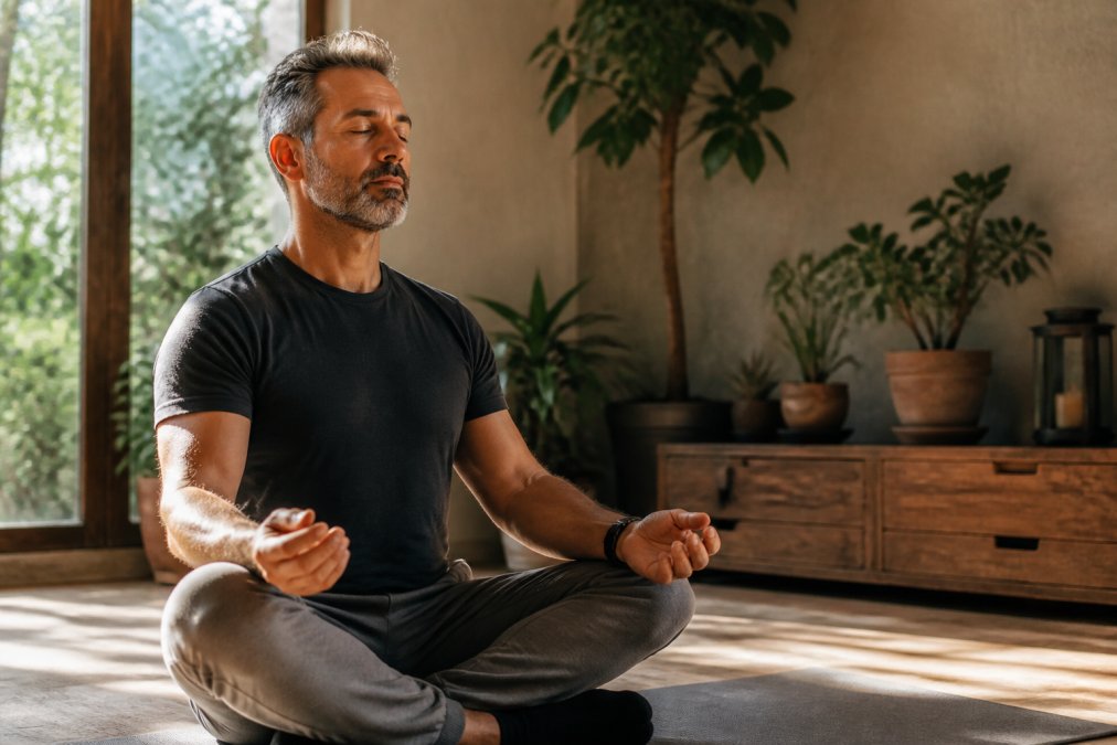 A middle-aged adult sitting in a peaceful, naturally lit environment with eyes gently closed, practicing meditation or guided breathing, surrounded by soft natural light and calming elements like plants or simple furnishings