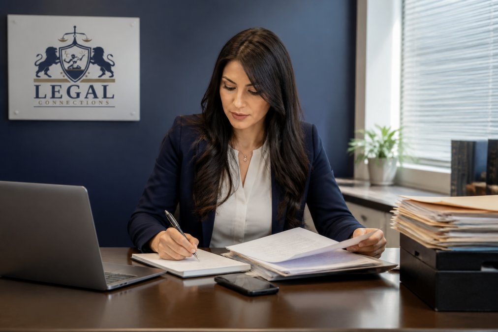 Professional woman at desk reviewing documents and taking notes, with laptop and phone visible, organized workspace with file folders