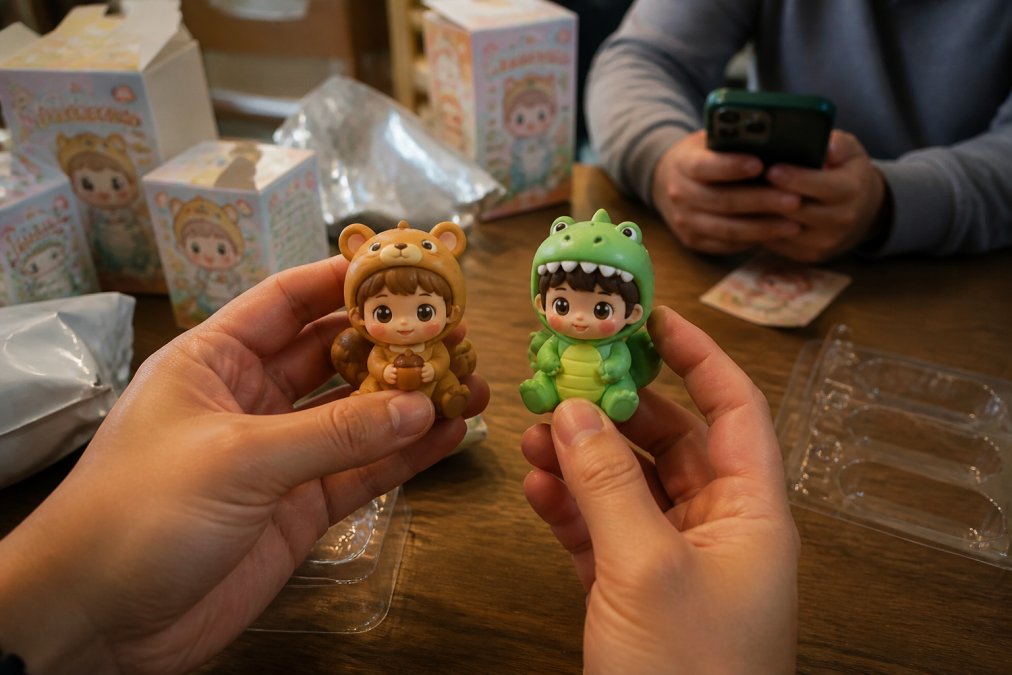 A collector's hands holding two opened blind box figures side by side, with a smartphone showing a trading chat conversation in the background on a table