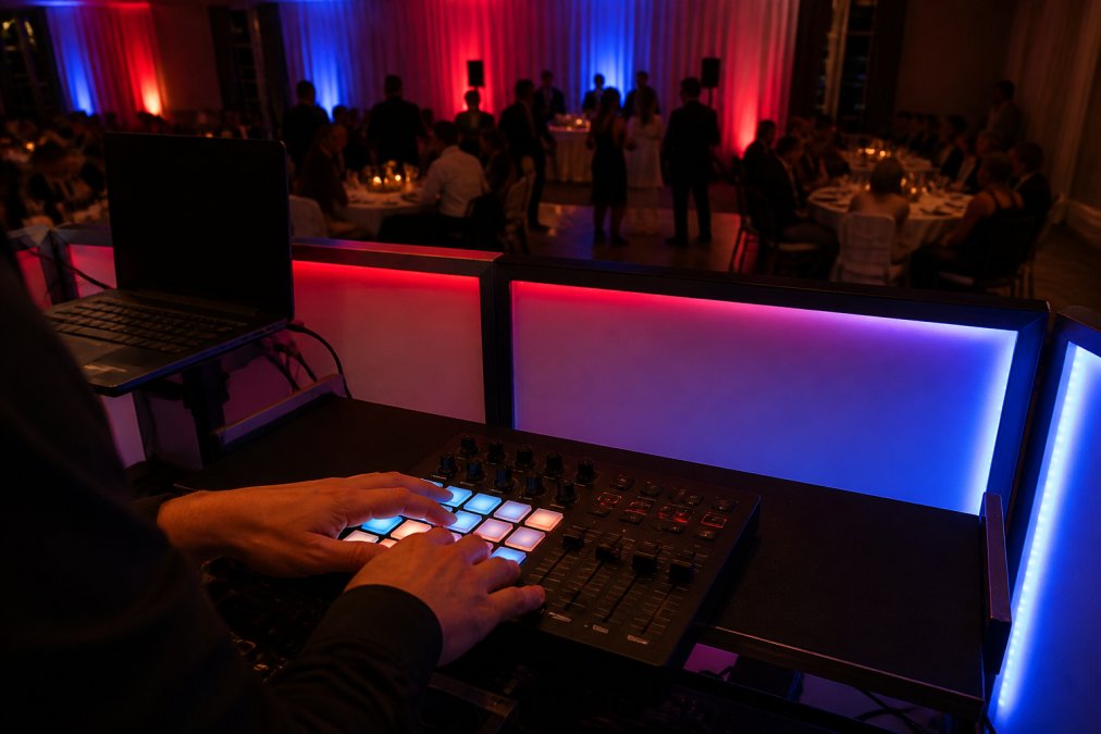 A mobile DJ booth at a live event with a small USB MIDI pad controller and a laptop running lighting software, Govee LED strips glowing behind the booth in red and blue, hands resting on the pads mid-performance