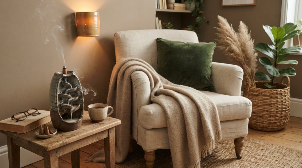 Cozy home corner with soft textiles draped over a chair, a lit ceramic incense burner creating visible cascading smoke, and warm amber wall lighting creating peaceful shadows and a tranquil atmosphere