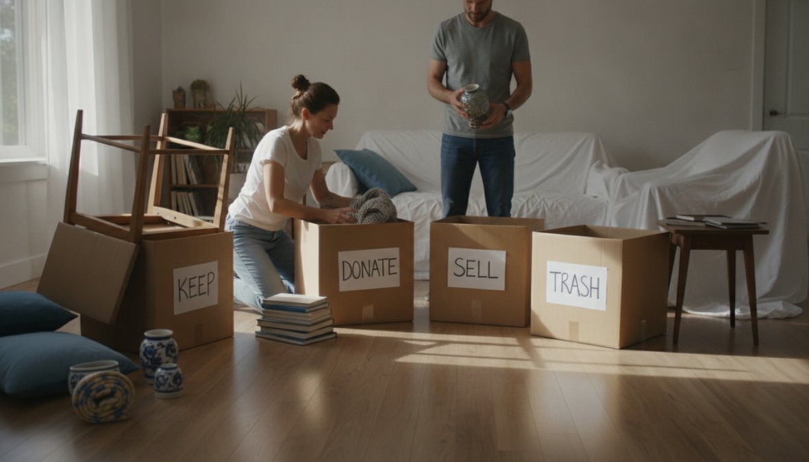 Person sorting furniture items into labeled boxes in a bright living room, demonstrating the Four-Box Method in action