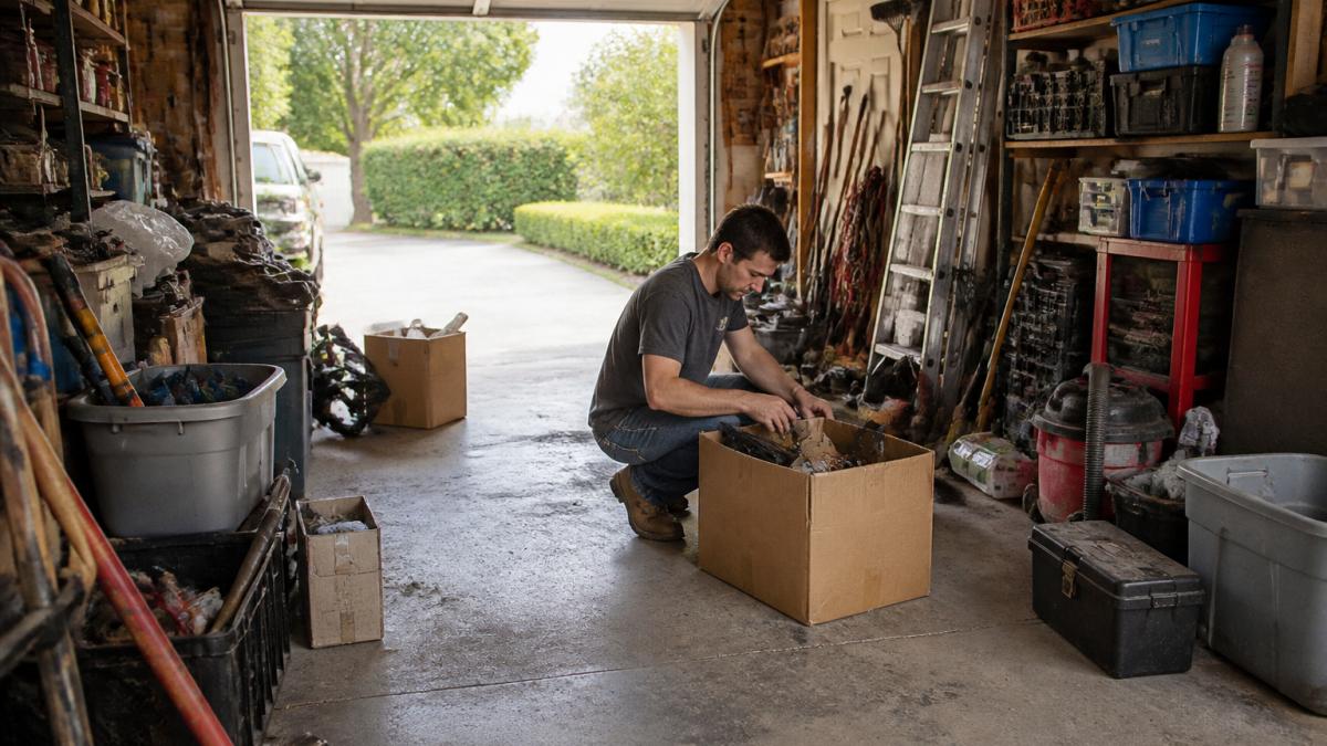 Homeowner sorting through tools and labeled bins to declutter home garage