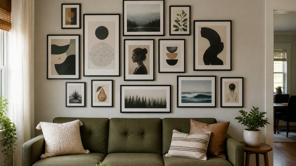 A cozy living room wall with a curated gallery wall of varied-size art prints in matching black frames, arranged in an organic salon-style layout above a mid-century sofa, with a small potted plant on a side table