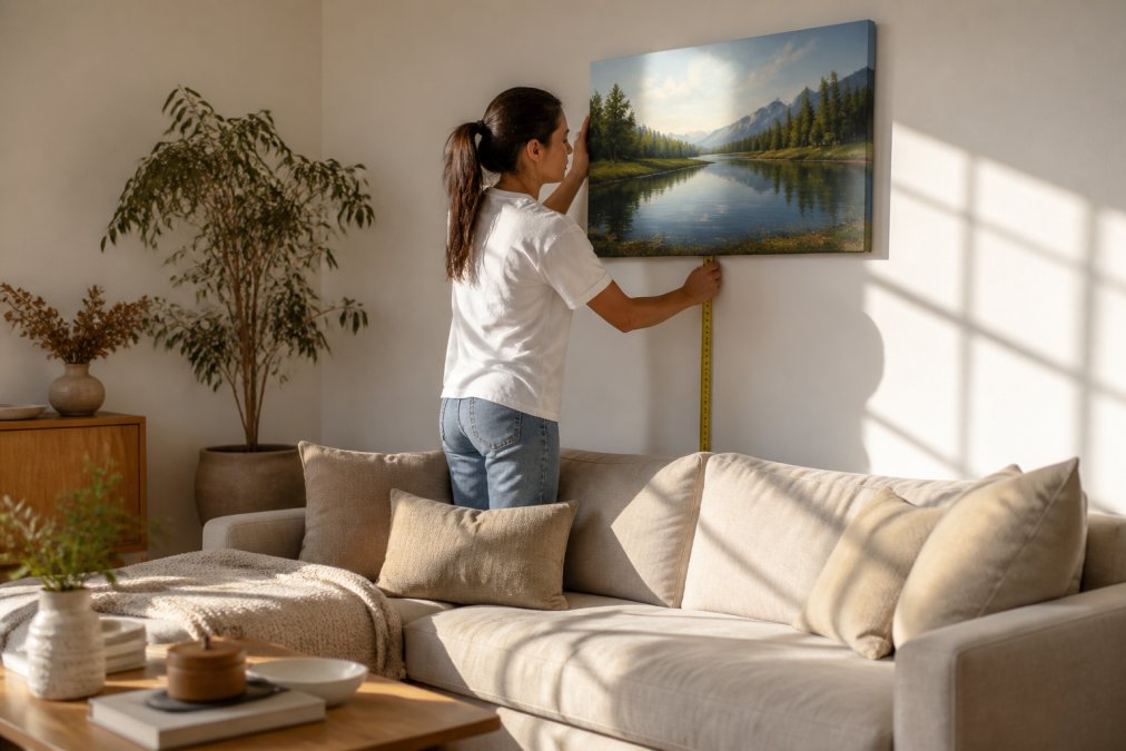 Woman using a tape measure to hang and display canvas prints above a living room sofa.