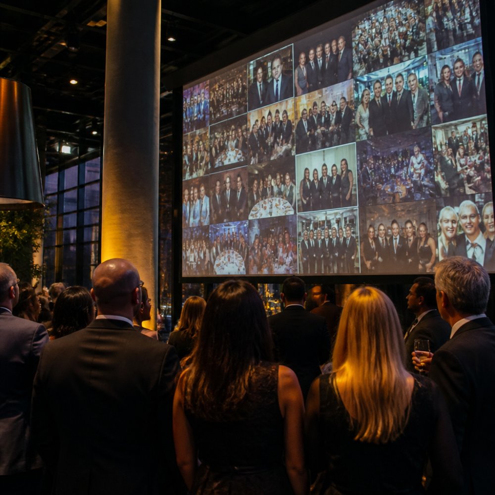 A large projected photo wall at a corporate reception, guests in business attire watching a slideshow of event photos on a big screen in a modern venue