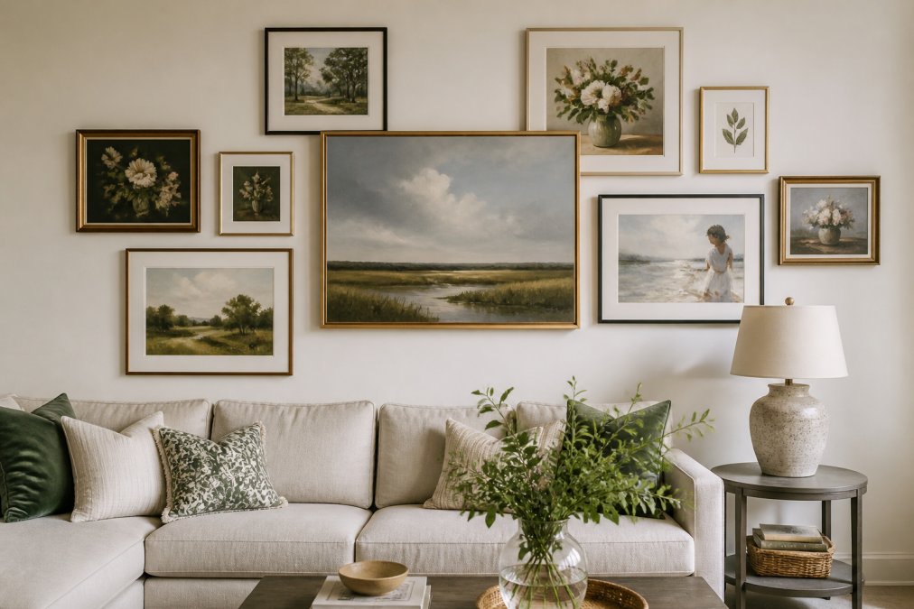 A living room wall featuring a well-composed gallery wall with a mix of framed fine art prints and original paintings in various sizes, arranged in an asymmetrical layout around a central statement piece, warm ambient lighting, neutral walls