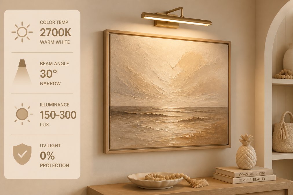 Close-up of a framed original painting on a wall illuminated by a warm picture light mounted above the frame, showing the texture of the brushwork and the glow of focused art lighting in a cozy interior setting