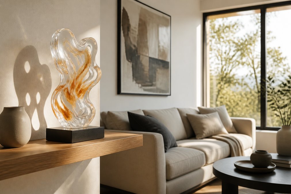 A modern living room with a floating wall shelf displaying a translucent resin abstract sculpture, warm afternoon light hitting the piece from a nearby window, neutral-toned sofa visible in the background