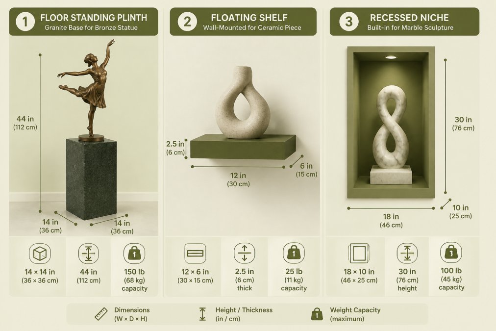 Diagram comparing three pedestal types: a floor-standing granite plinth for a bronze statue, a wall-mounted floating shelf for a small ceramic piece, and a recessed niche for a marble sculpture, with approximate dimensions and weight capacity for each