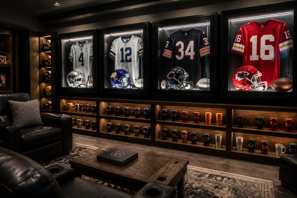 Fan cave with wall-mounted glass display cases showcasing autographed jerseys and helmets, LED accent lighting highlighting collectibles, team-branded drinkware arranged on a wooden shelf below, and a comfortable seating area with a view of the full display